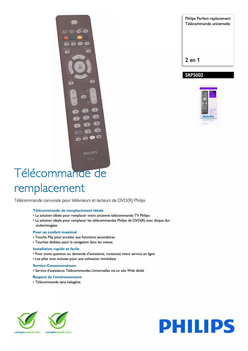 Page 1 de la notice Fiche technique Philips SRP5002