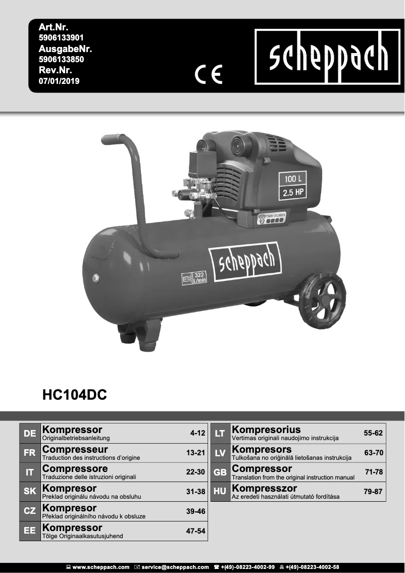 Page 1 de la notice Manuel utilisateur Scheppach HC104DC