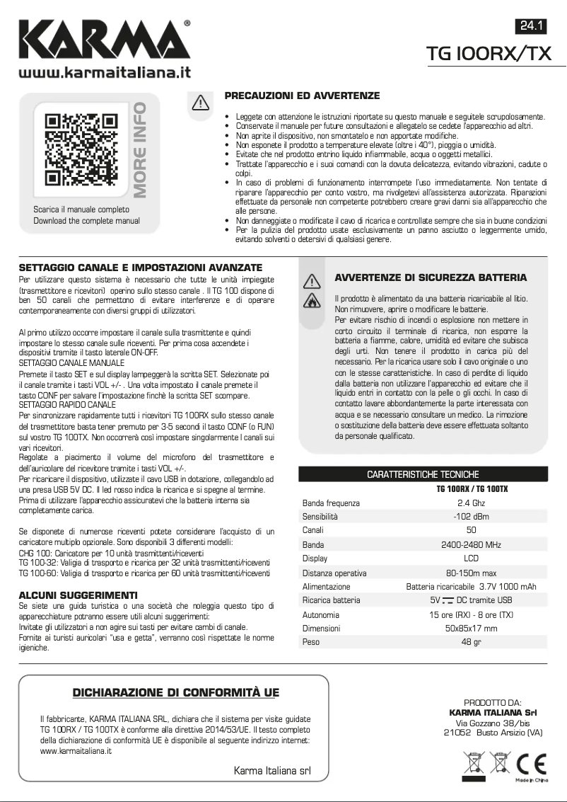 Page 1 de la notice Manuel utilisateur Karma TG 100TX