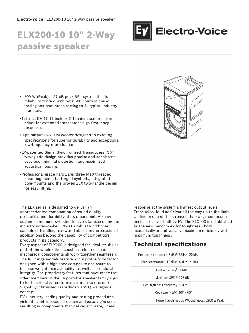 Page 1 de la notice Fiche technique Electro-Voice ELX200-15