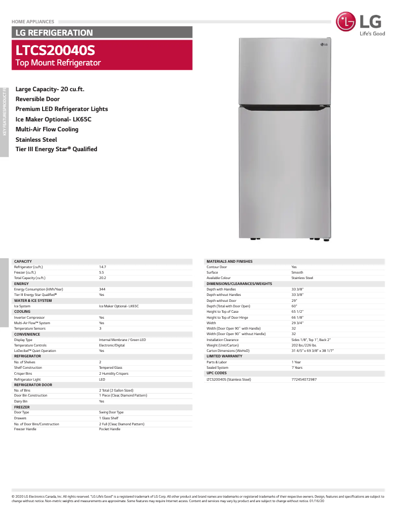 Página 1 del manual Ficha técnica LG LTCS20040S