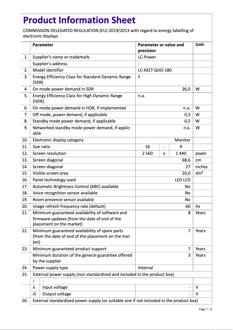 Page n°1 - Fiche technique LC-Power LC-M27-QHD-180