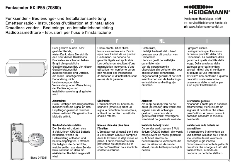 Image de la première page du manuel de l'appareil HX IP55 70880
