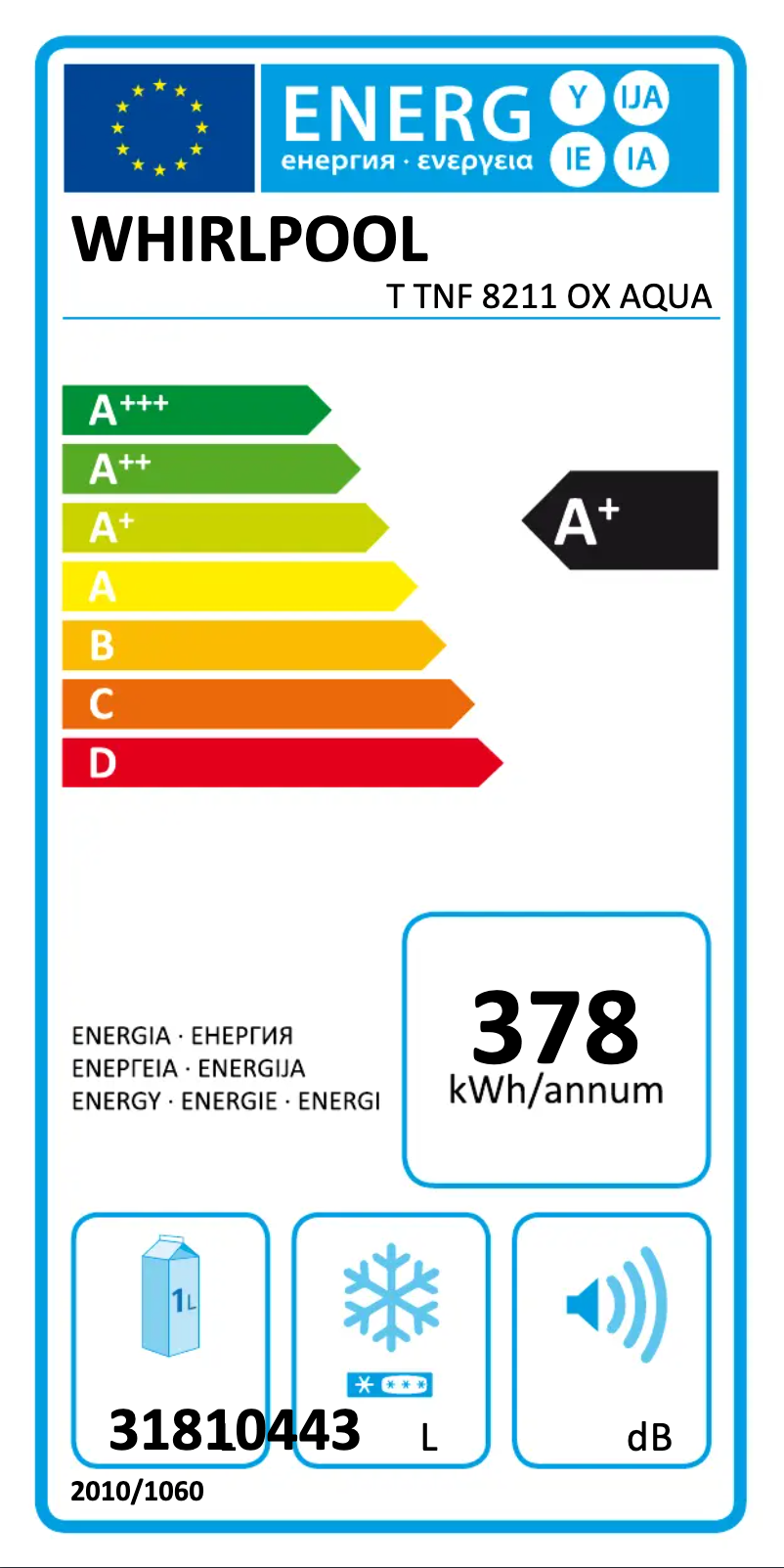 Page 1 de la notice Label énergétique Whirlpool T TNF 8211 OX AQUA