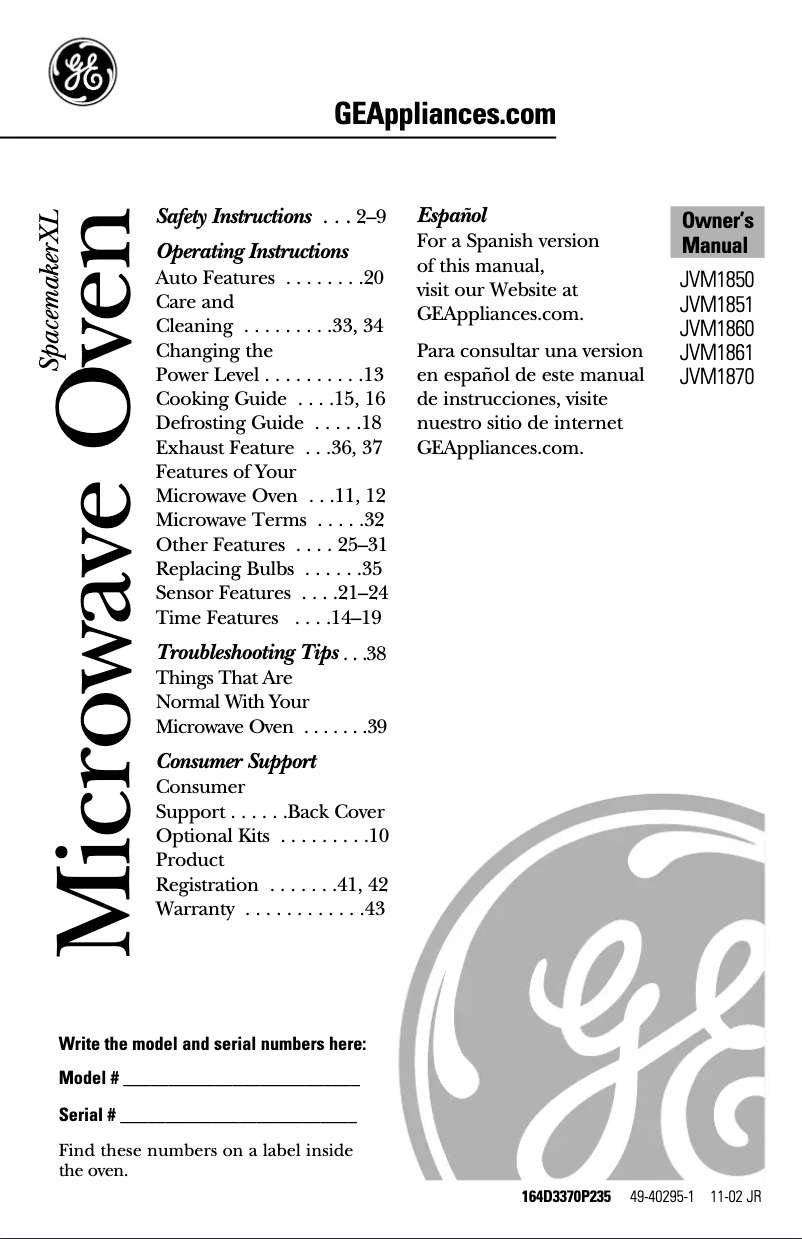 Page 1 de la notice Manuel d'utilisation et d'entretien GE JVM1860BD