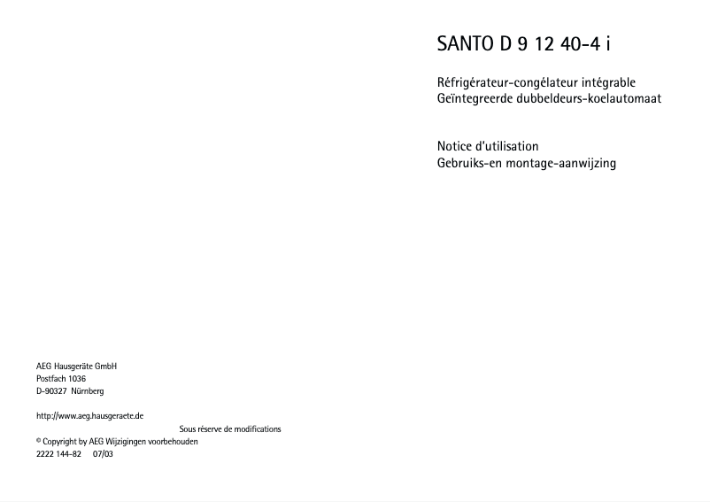 Page n°1 - Manuel utilisateur AEG-Electrolux Santo K 91240 I