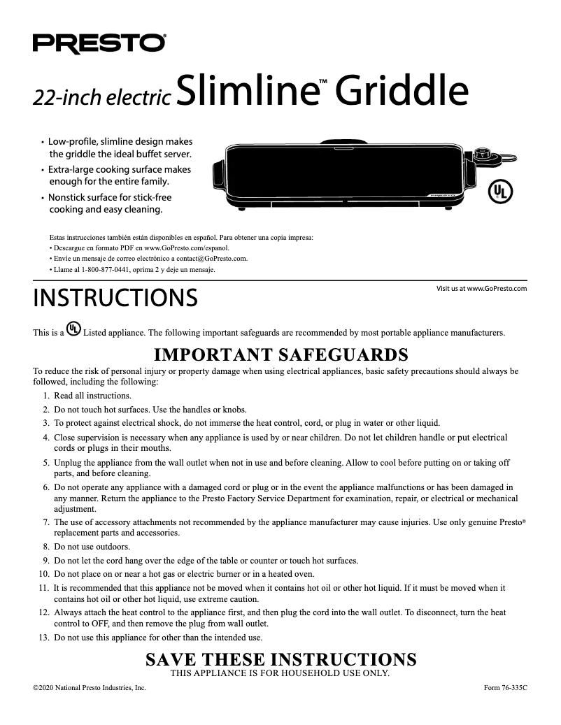 Page 1 de la notice Manuel utilisateur Presto 22-inch electric Slimline Griddle 07072