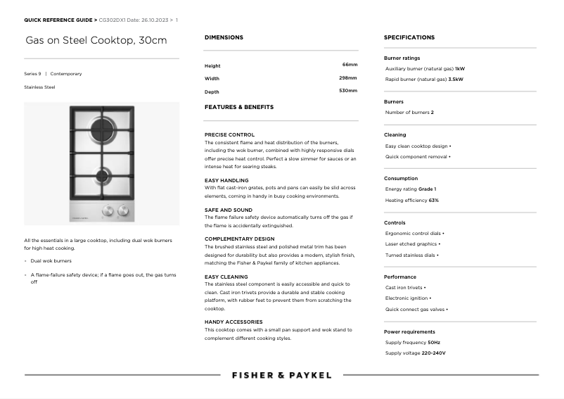 Page 1 de la notice Manuel utilisateur Fisher & Paykel JZT-CG302DX1