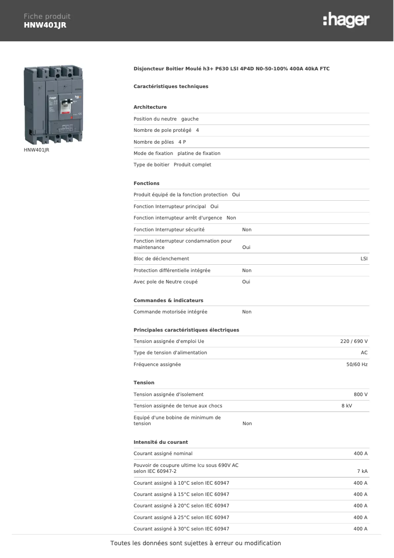 Image de la première page du manuel de l'appareil HNW401JR