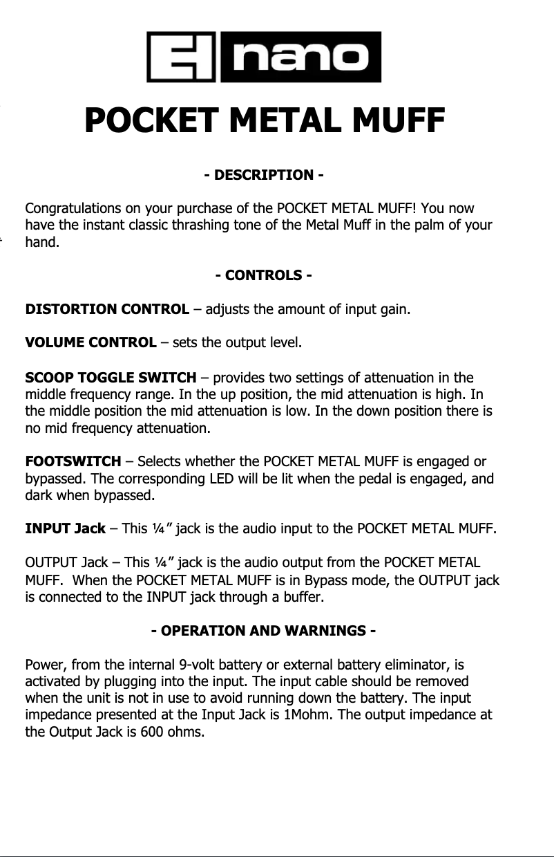Página 1 del manual Manual de usuario Electro Harmonix Pocket Metal Muff