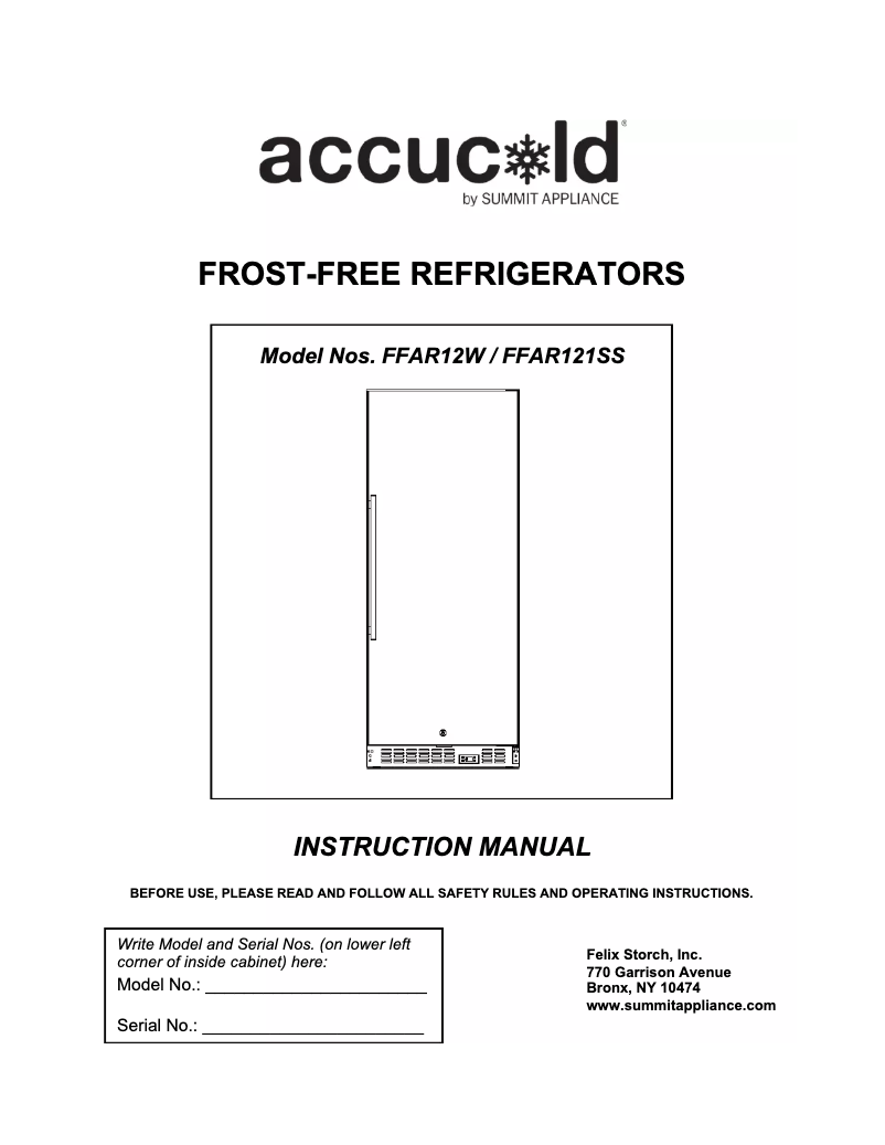 Page 1 de la notice Manuel utilisateur Accucold FFAR121SS