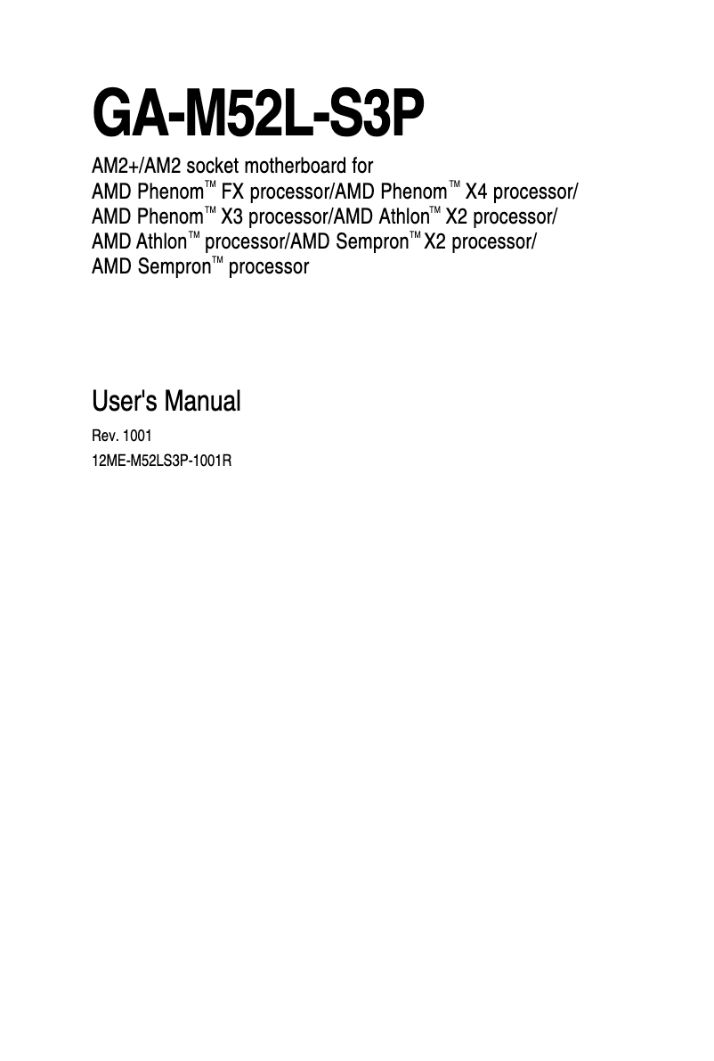 Page 1 de la notice Manuel utilisateur Gigabyte GA-M52L-S3P AM2+