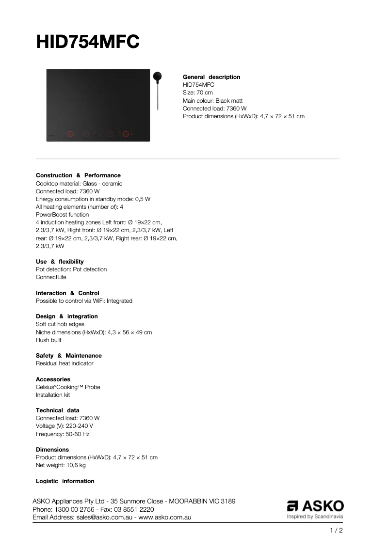 Page 1 de la notice Fiche technique Asko HID754MFC