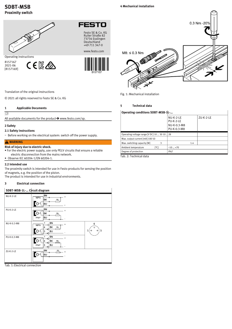 Image de la première page du manuel de l'appareil SDBT-MSB-1L-PU-K-0.3-M8