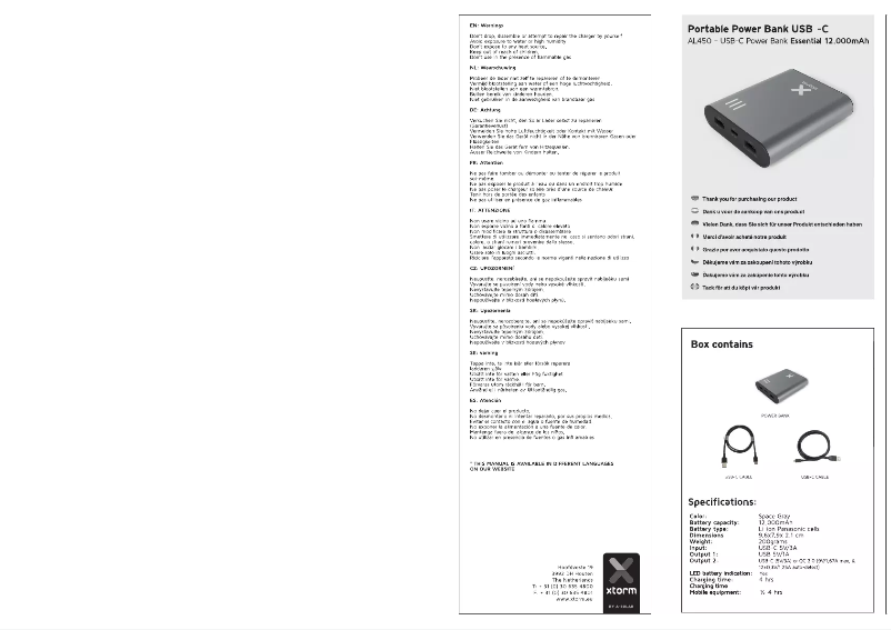 Page 1 de la notice Manuel utilisateur Xtorm AL450, 12000 mAh