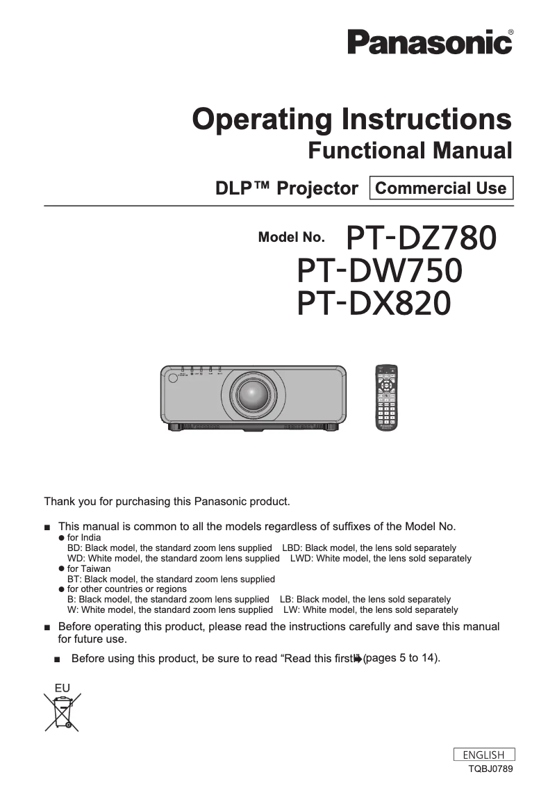 Page 1 de la notice Manuel utilisateur Panasonic PT-DW750BE