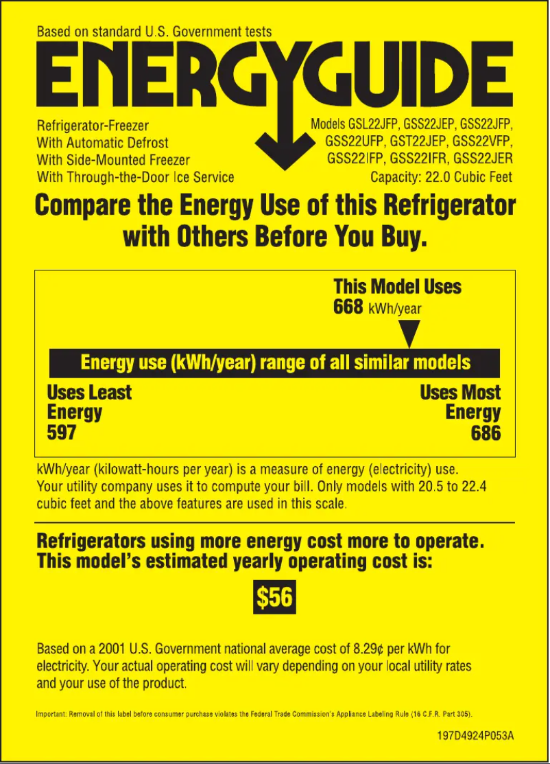 Page 1 de la notice Label énergétique GE GSS22IFRBB