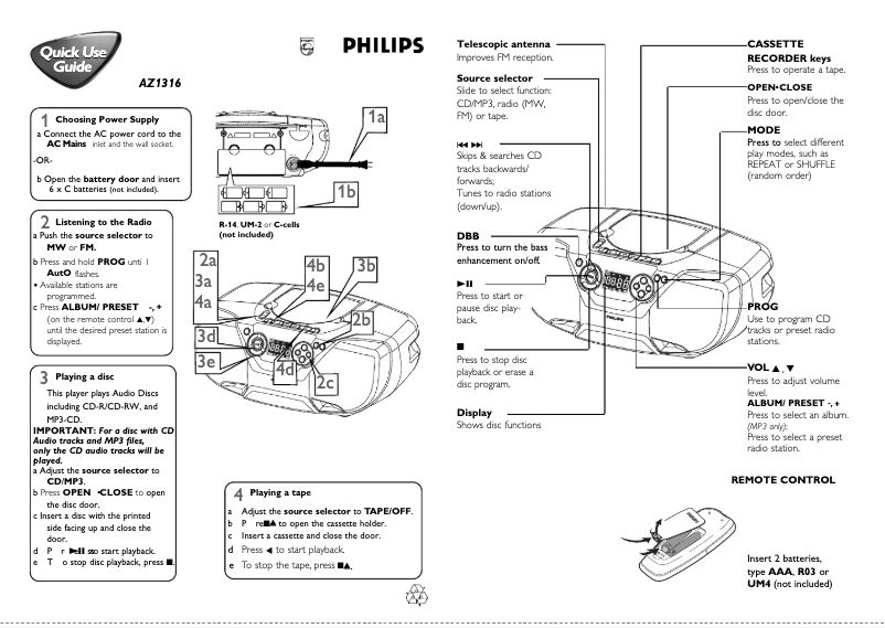 Page 1 de la notice Guide de démarrage rapide Philips AZ1316