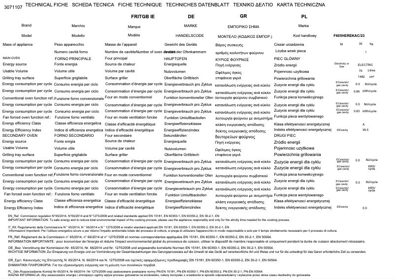 Página 1 del manual Ficha técnica Bertazzoni F605HEREKNE