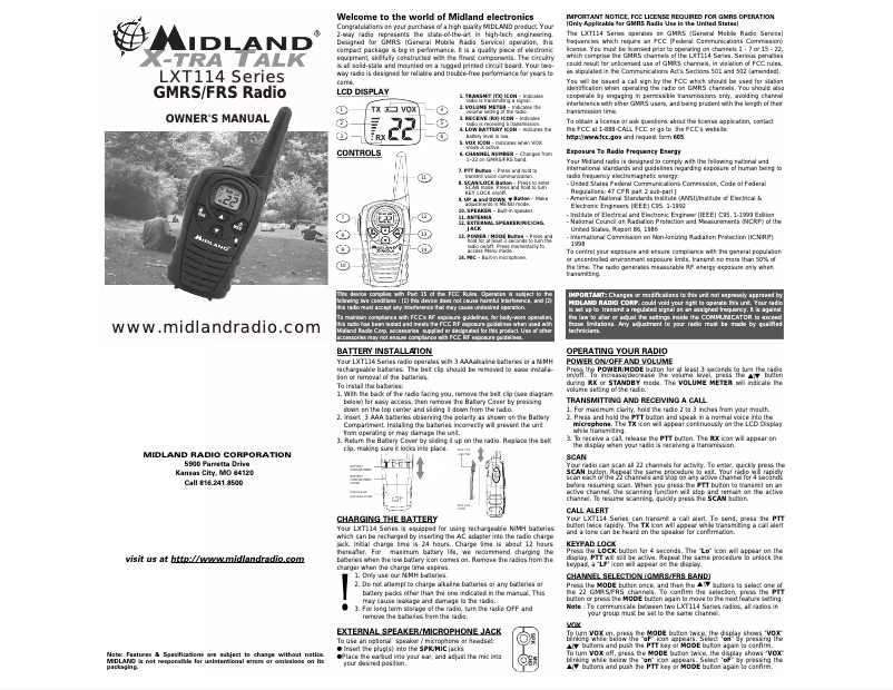 Page n°1 - Manuel utilisateur Midland LXT114