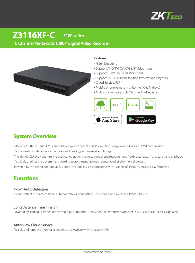 Page 1 de la notice Fiche technique ZKTeco Z3116 XF-C