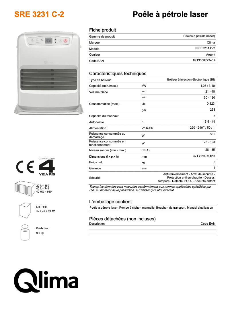 Page n°1 - Fiche technique Qlima SRE3231C-2
