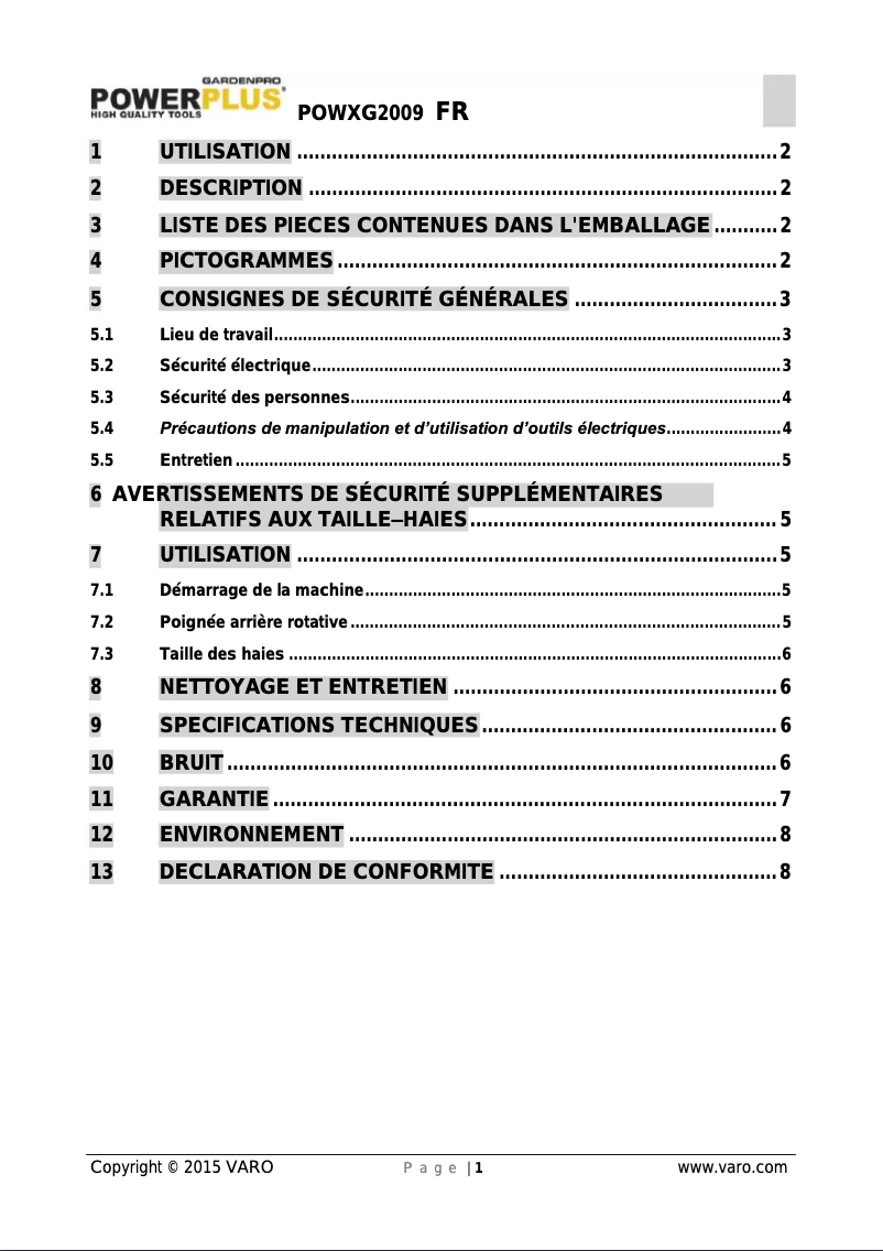 Image de la première page du manuel de l'appareil POWXG2009