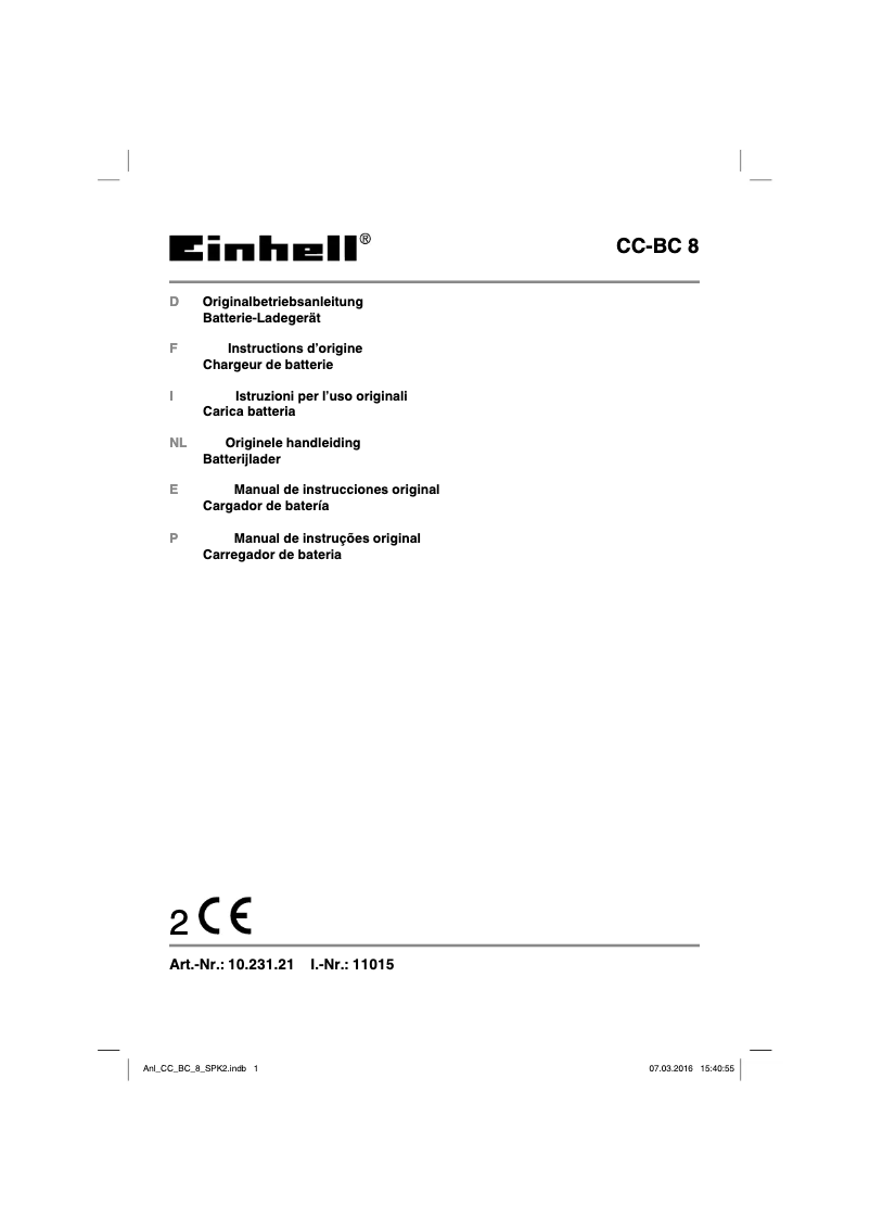 Page 1 de la notice Manuel utilisateur Einhell CC-BC 8