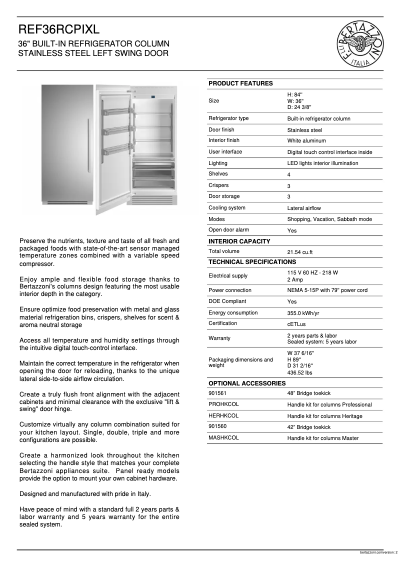 Page 1 de la notice Fiche technique Bertazzoni REF36RCPIXL