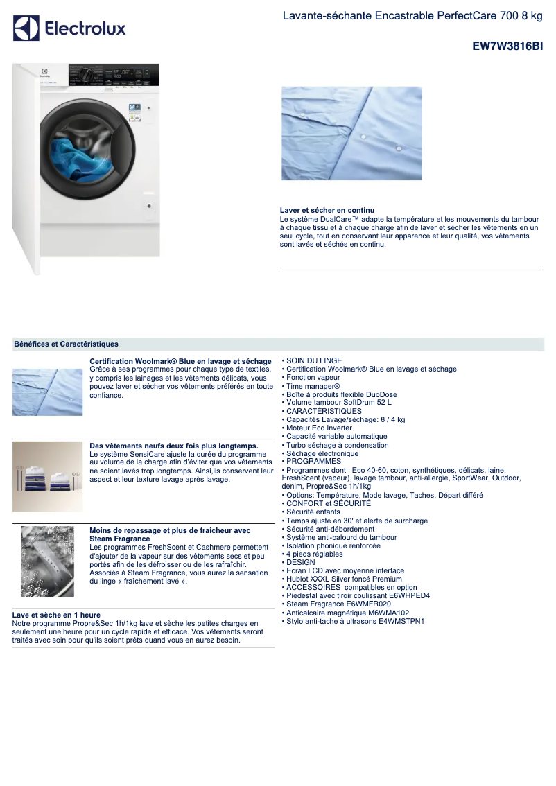Page n°1 - Fiche technique Electrolux EW7W3816BI