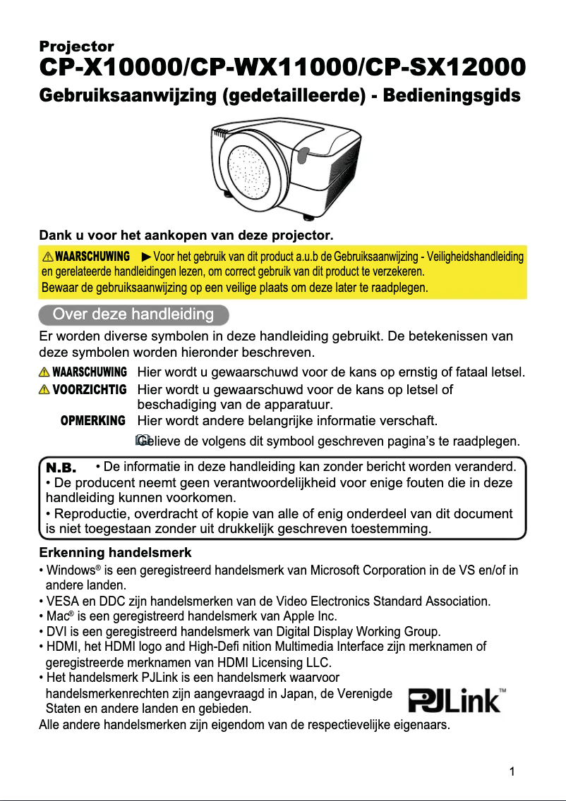 Page 1 de la notice Manuel utilisateur Hitachi CP-SX12000W