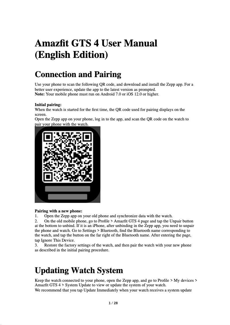 Page 1 de la notice Manuel utilisateur Amazfit GTS 4