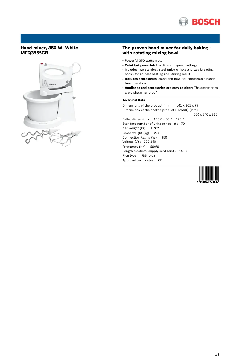 Page 1 de la notice Fiche technique Bosch MFQ3555GB
