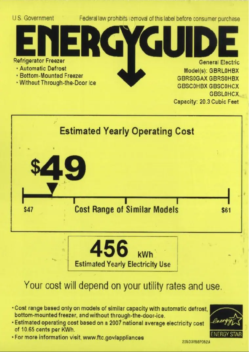 Page 1 de la notice Label énergétique GE GBSC0HBXWW