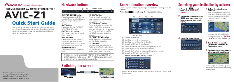 Page 1 de la notice Guide de démarrage rapide Pioneer AVIC-Z1