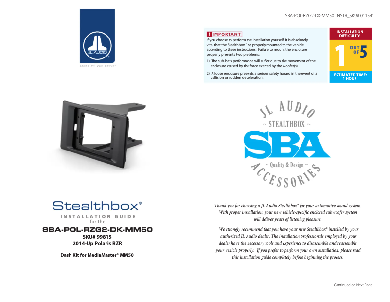 Page 1 de la notice Manuel utilisateur JL Audio Stealthbox SBA-POL-RZG2-DK-MM50