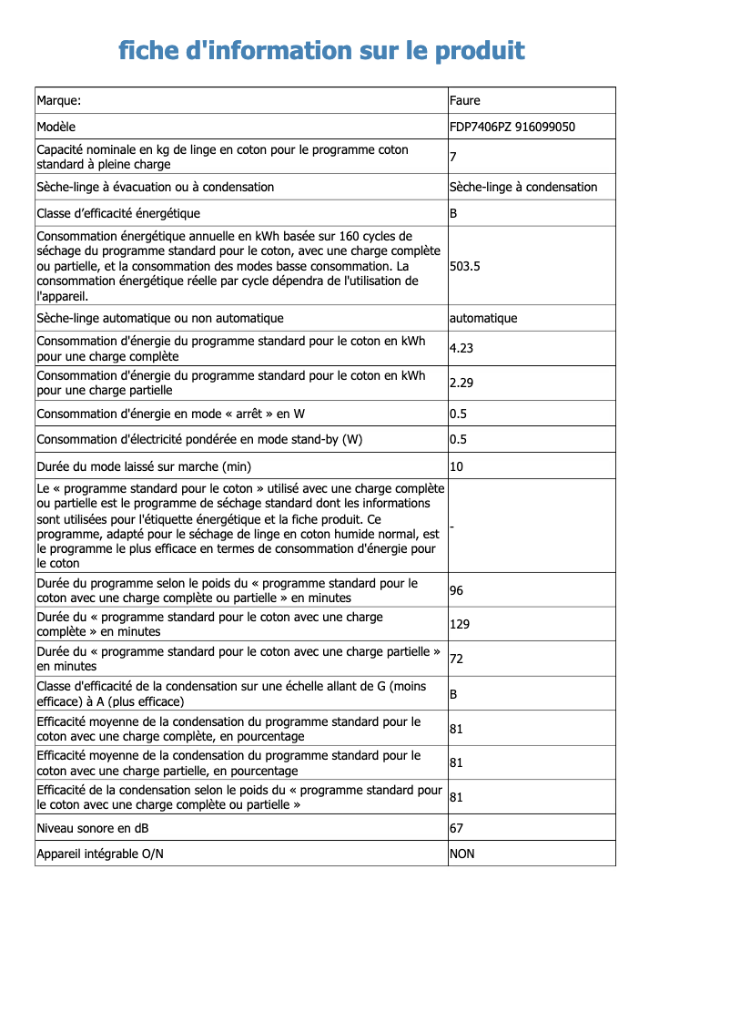 Page 1 de la notice Fiche technique Electrolux FDP7406PZ