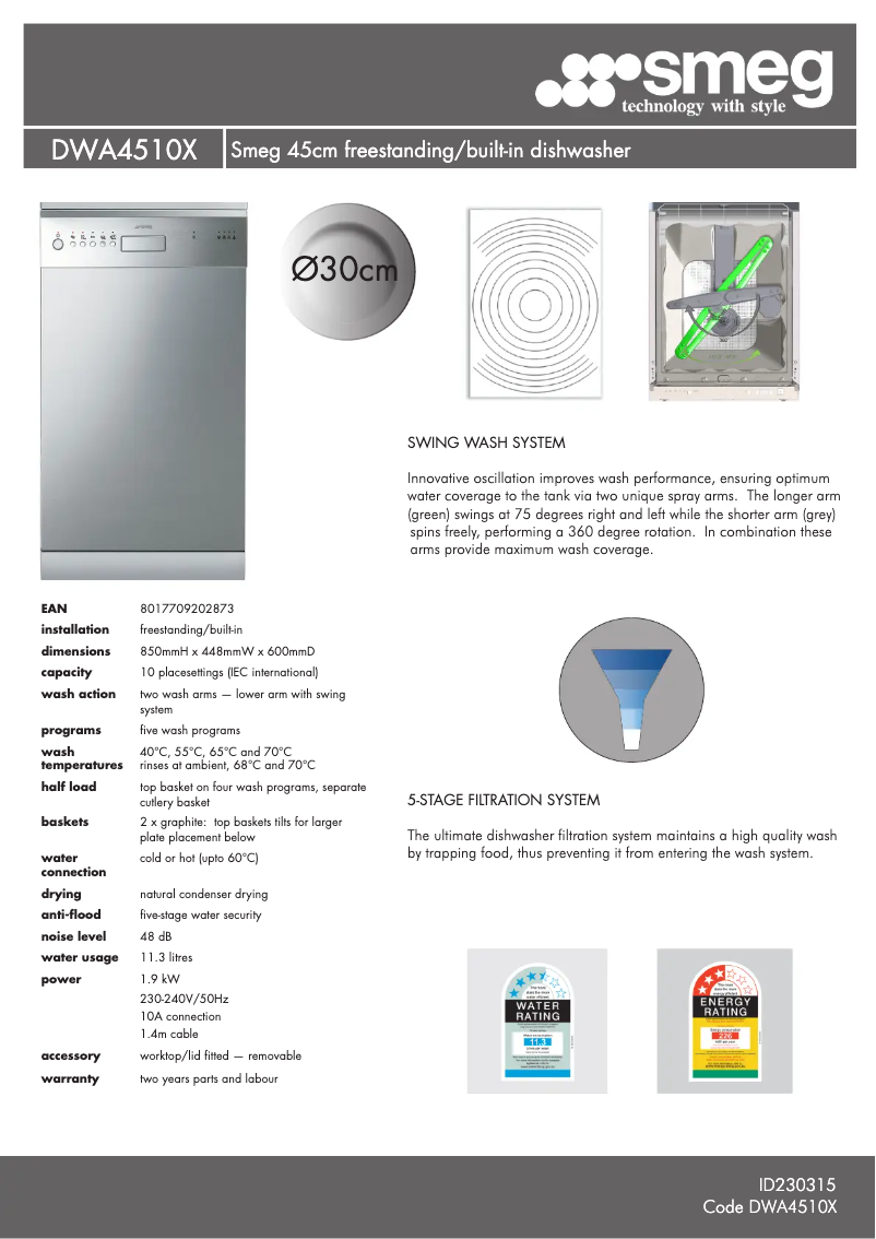 Page 1 de la notice Fiche technique Smeg DWA4510X