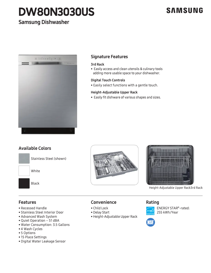 Page 1 de la notice Fiche technique Samsung DW80N3030UW