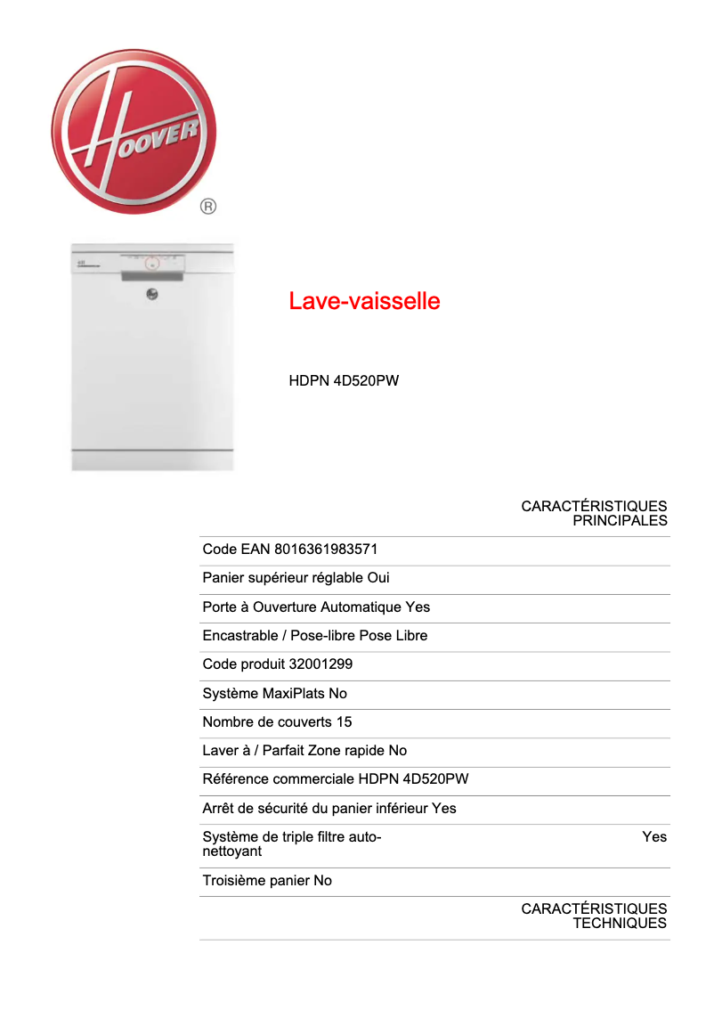 Page n°1 - Fiche technique Hoover HDPN 4D520PW