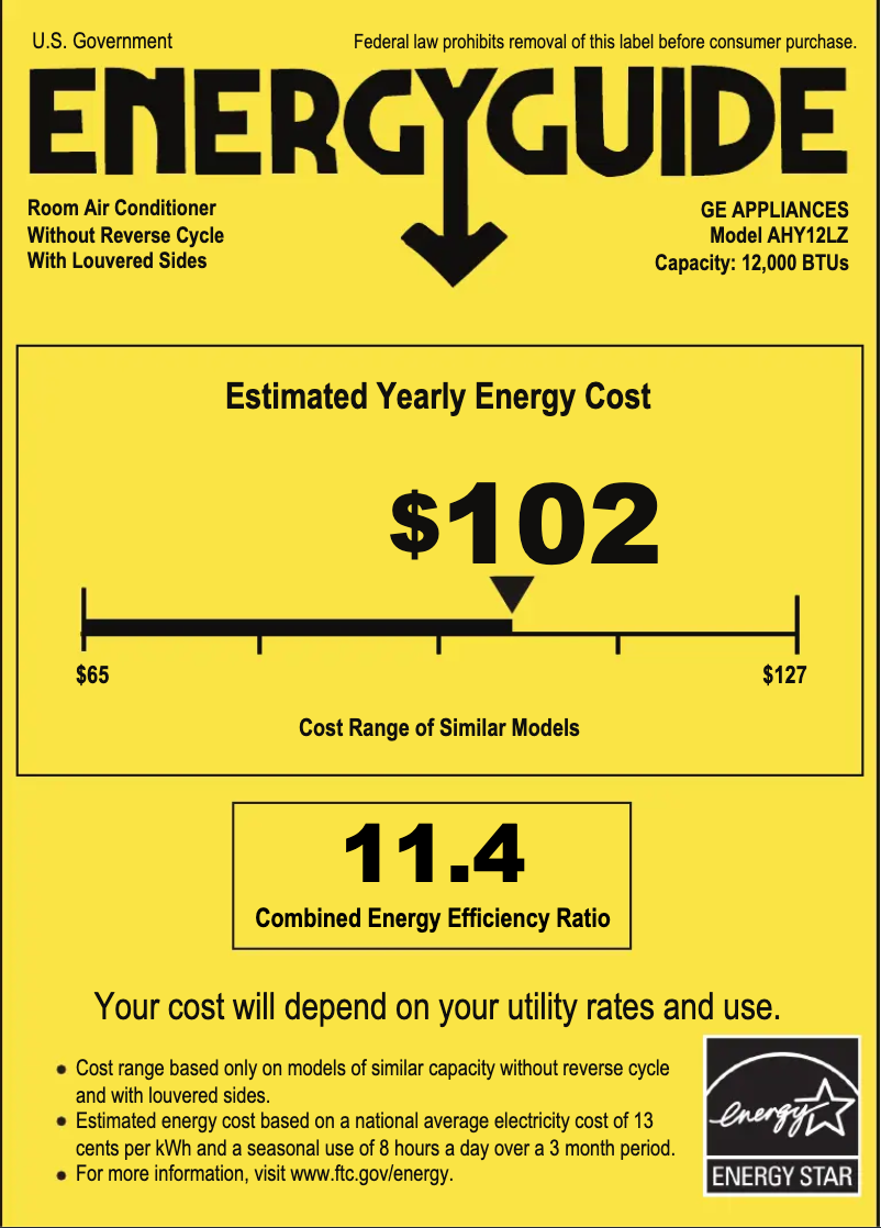Page 1 de la notice Label énergétique GE AHY12LZ