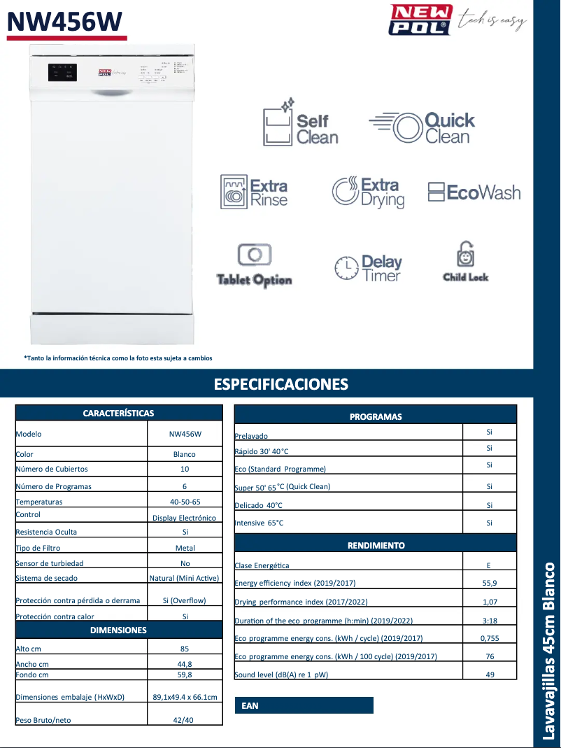 Página 1 del manual Ficha técnica New Pol NW456W