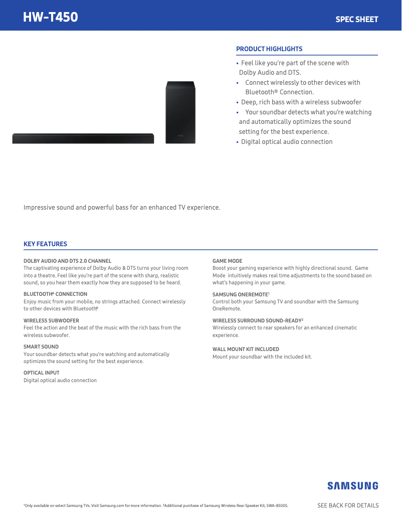 Page 1 de la notice Fiche technique Samsung HW-T450