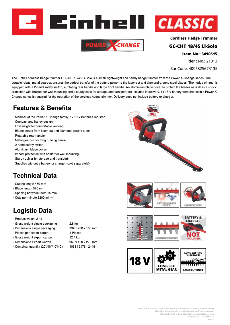 Page n°1 - Fiche technique Einhell GC-CHT 18/45 Li