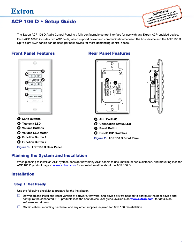 Page 1 de la notice Manuel utilisateur Extron ACP 106 D