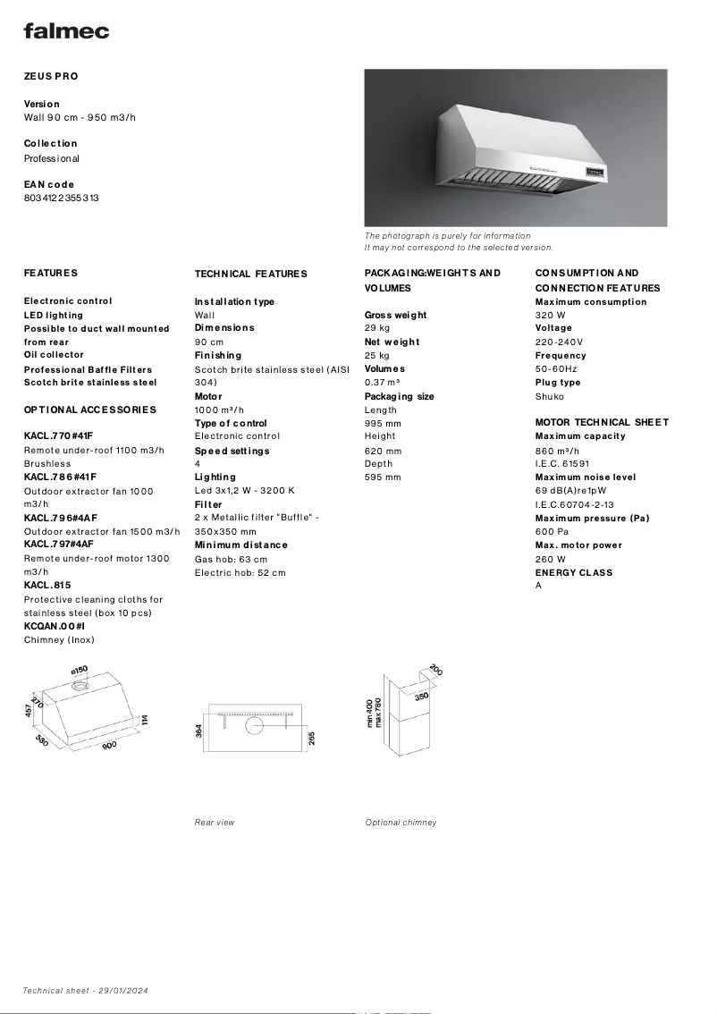 Page 1 de la notice Fiche technique Falmec Zeus Pro