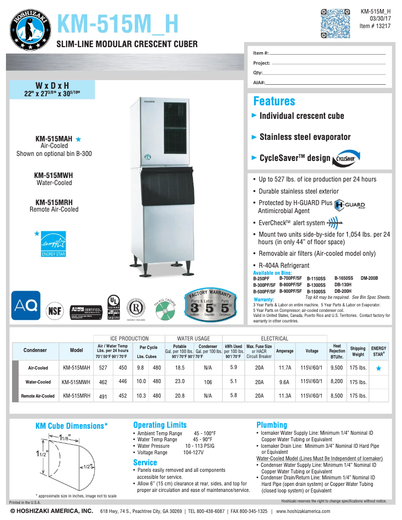 Page 1 de la notice Fiche technique Hoshizaki KM-515MWH
