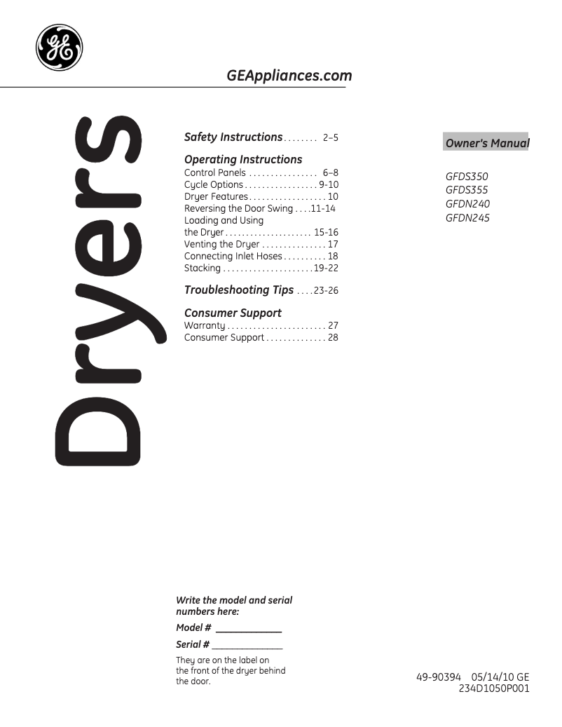 Page 1 de la notice Manuel d'utilisation et d'entretien GE GFDS355ELMS