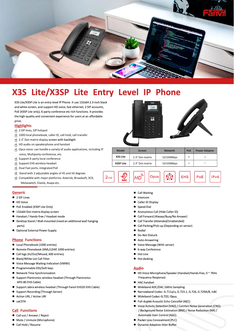 Página 1 del manual Ficha técnica Fanvil X3S