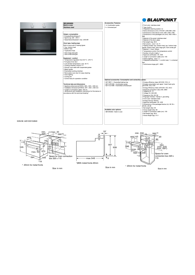 Page n°1 - Fiche technique Blaupunkt 5B10K 0050